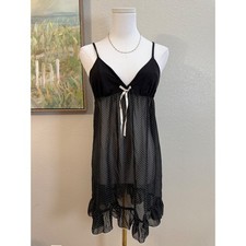 Black Sheer Polka Dot Babydoll Chemise Slip Dress Size M Coquette