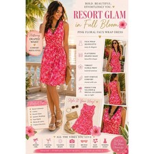 Pink Floral Faux Wrap Resort Dress Draped Waist Barbiecore Glam L