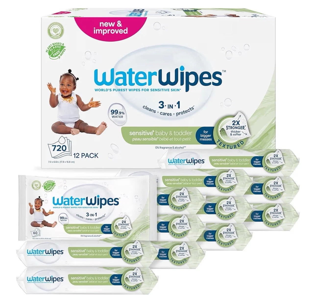 WaterWipes Sensitive+ Baby & Toddler Wipes, 720 Count (12 Packs), 3-In-1 Cleans