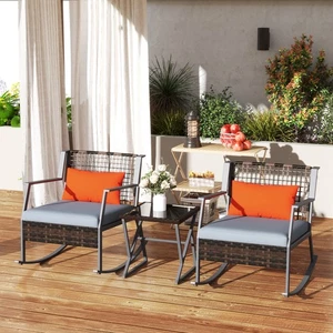 Outsunny Rocking Bistro Set, Wicker Patio Furniture with Cushions, Grey