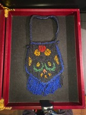 Vintage Stunning Micro Blu BEADED Flapper Bag 1900's Fringe Drawstring Belgium