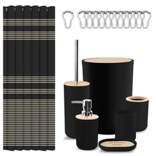 Bathroom Accessories Set - 19 PCS Black Bathroom Set with Shower Curtain, Tra...