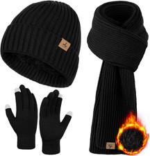 3 PCS Winter Hat Scarf Gloves Set, Soft Warm Knit Beanie Hat Touchscreen Gloves