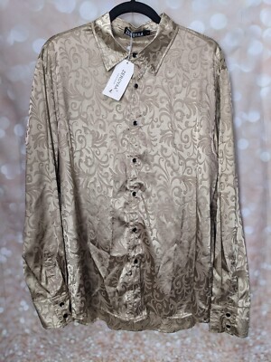 Zeroyaa Men's Silky Texture Muted Creamy Gold Patterned Shirt W/ Butoons Size L