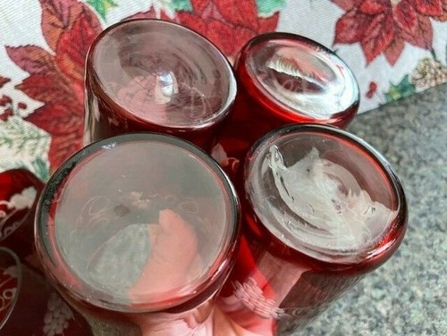 Ruby Red Flash Highball Tumblers Cut to Clear Etched Grape Vines 3-3/4" Set of 6 - Imagen 8 de 9