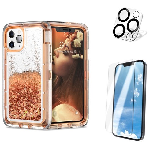 For iPhone 14 13 12 11 Pro Liquid Glitter Shockproof Hard Case +Glass Screen - Picture 14 of 20