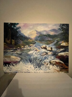 Beautiful Landscape Oil Painting on Canvas Forest Lake Mountains Signed 42 /30 