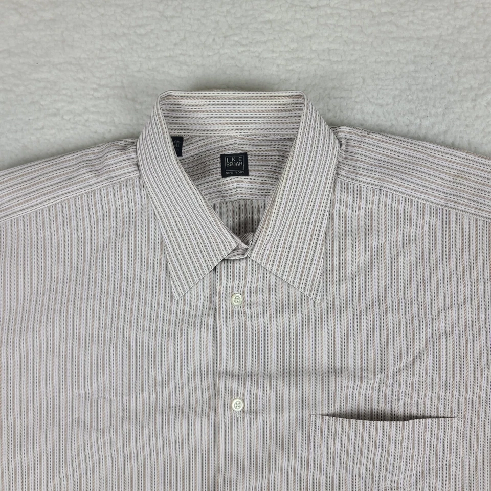 IKE Behar NYC Shirt Mens 16.5 36 Brown Black Purple Striped Dress Button Up USA - Image 3 of 4