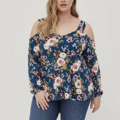 NWT Torrid Teal Floral Crepe V-Neck Cutout Cold Shoulder Top 4X
