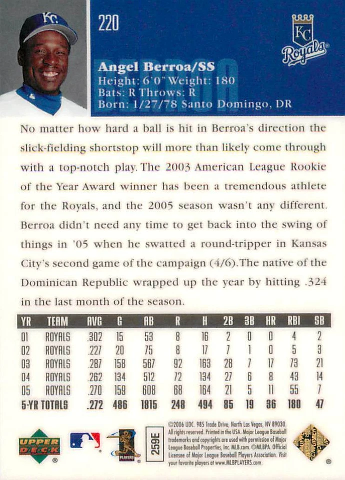 ANGEL BERROA 2006 Upper Deck Special F/X RED /50 Royals #220 - Image 2 of 2