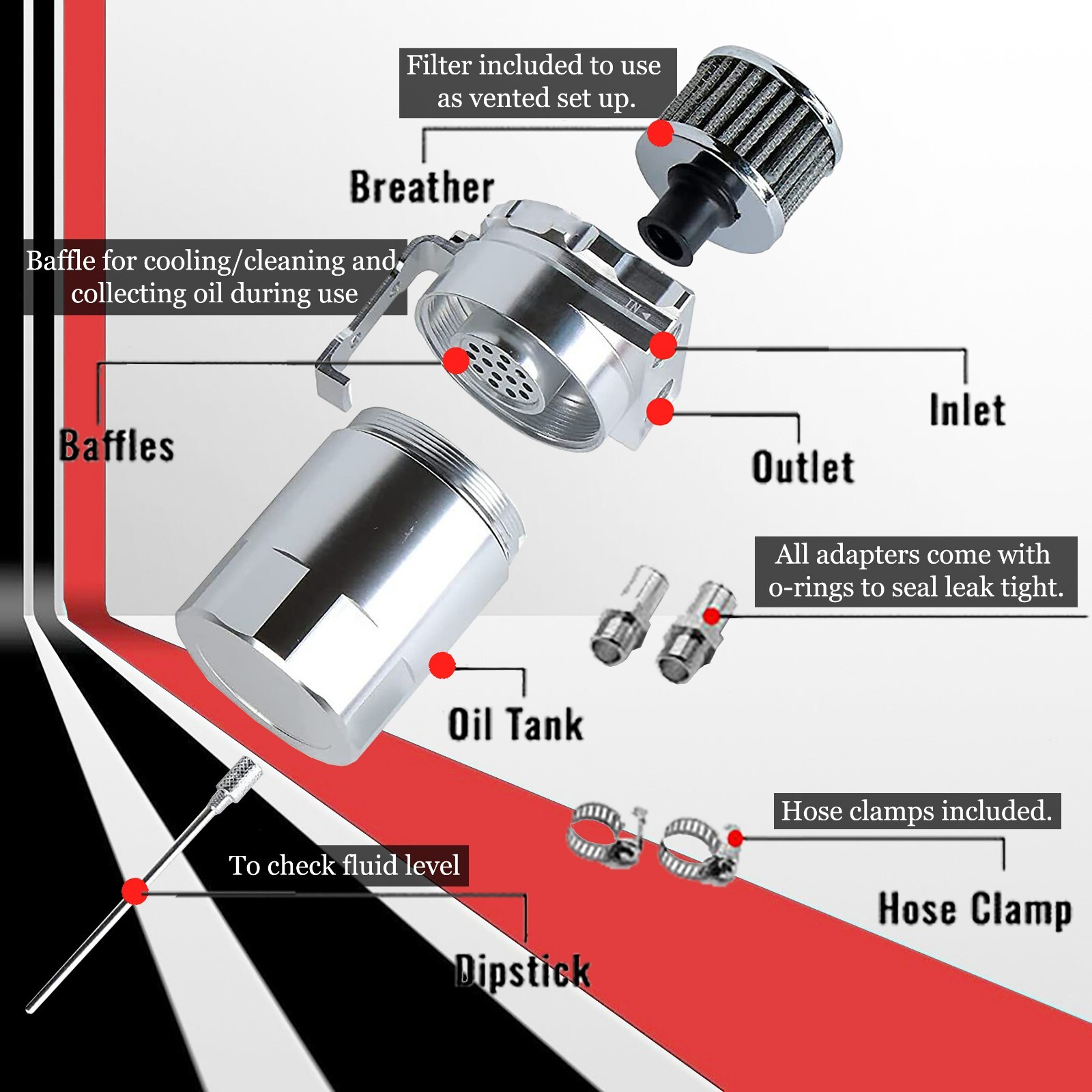 Oil Catch Can Resrvoir Baffled Tank Breather Filter Universal Silver Fit Ferrari