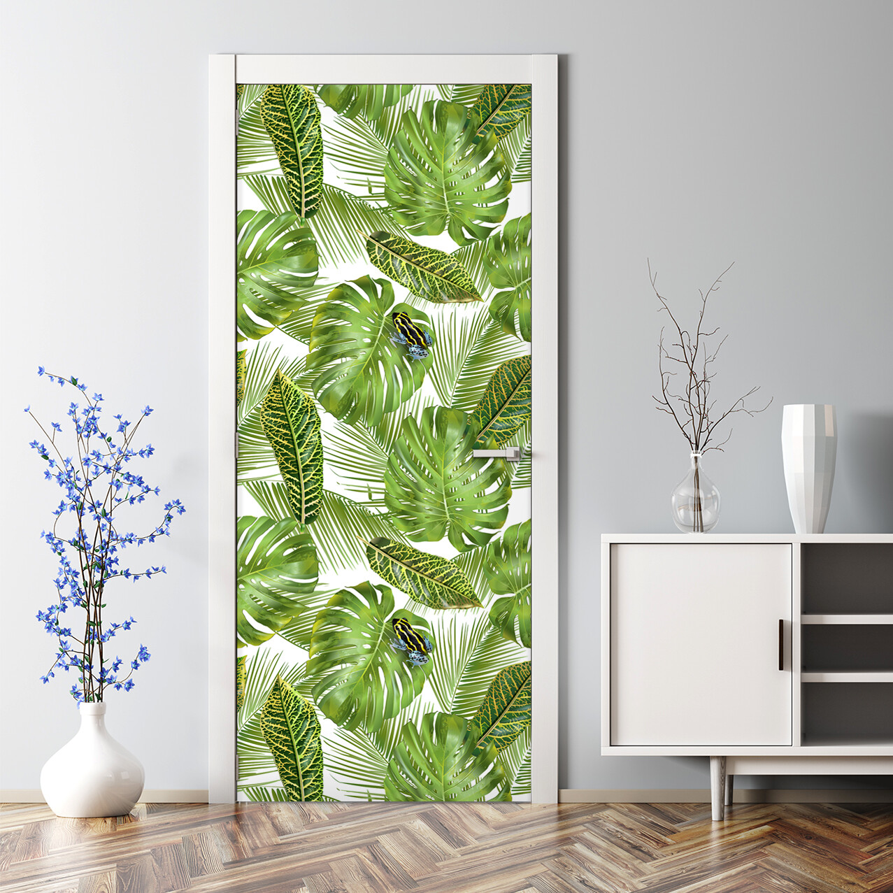 Bubble Free Door sticker Tropical Leaves with fog Leaves Monstera Decal Decor