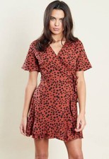 Womens Rust Wrap Belted Short Sleeves Mini Dress