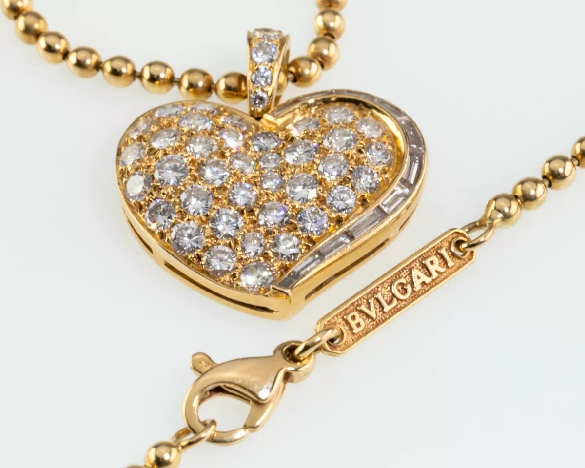 Bulgari Bvlgari Vintage 18k Yellow Gold Diamond Heart Pendant w Ball Chain