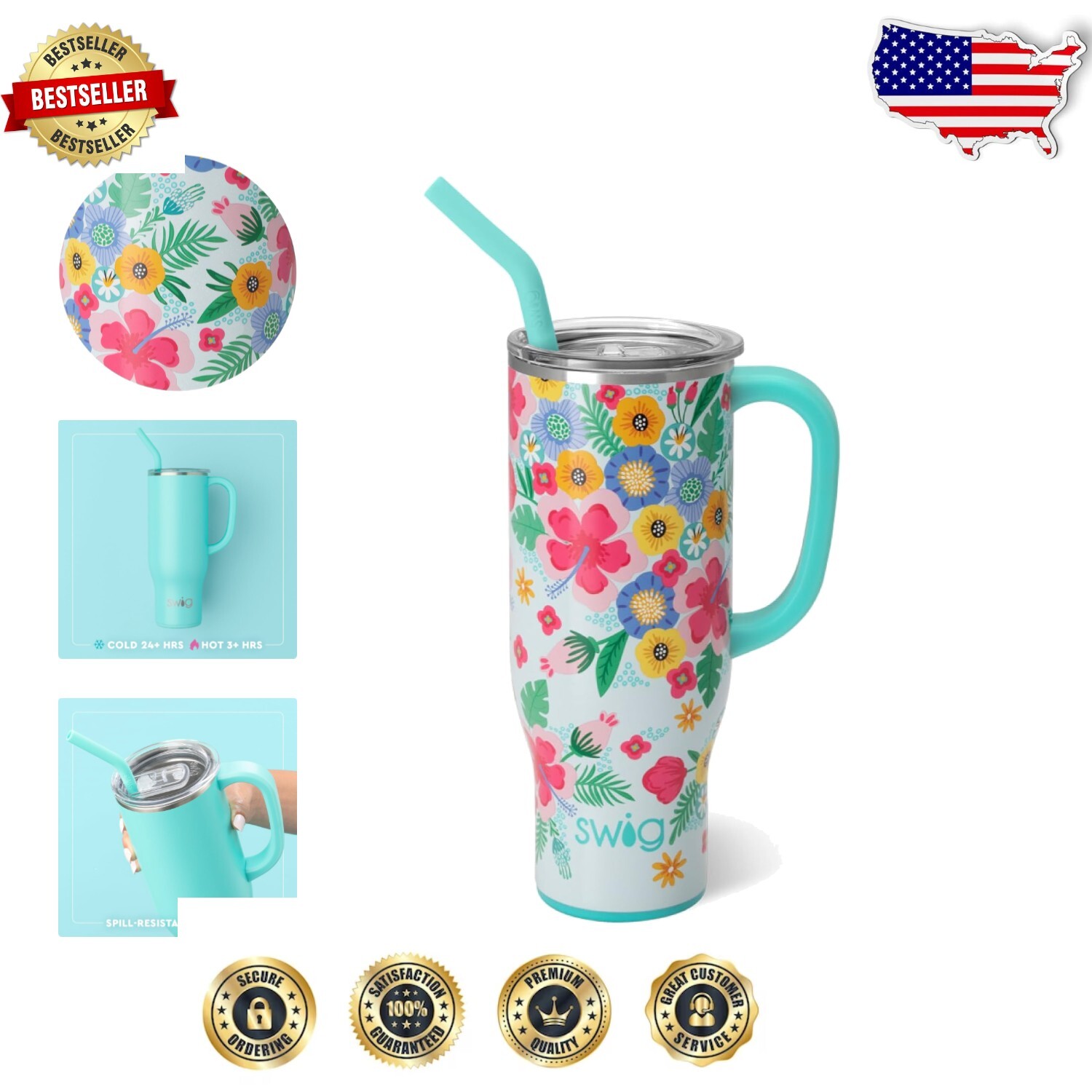 Mega Mug 30oz Stainless Steel Travel Tumbler with Handle and Flexi Straw