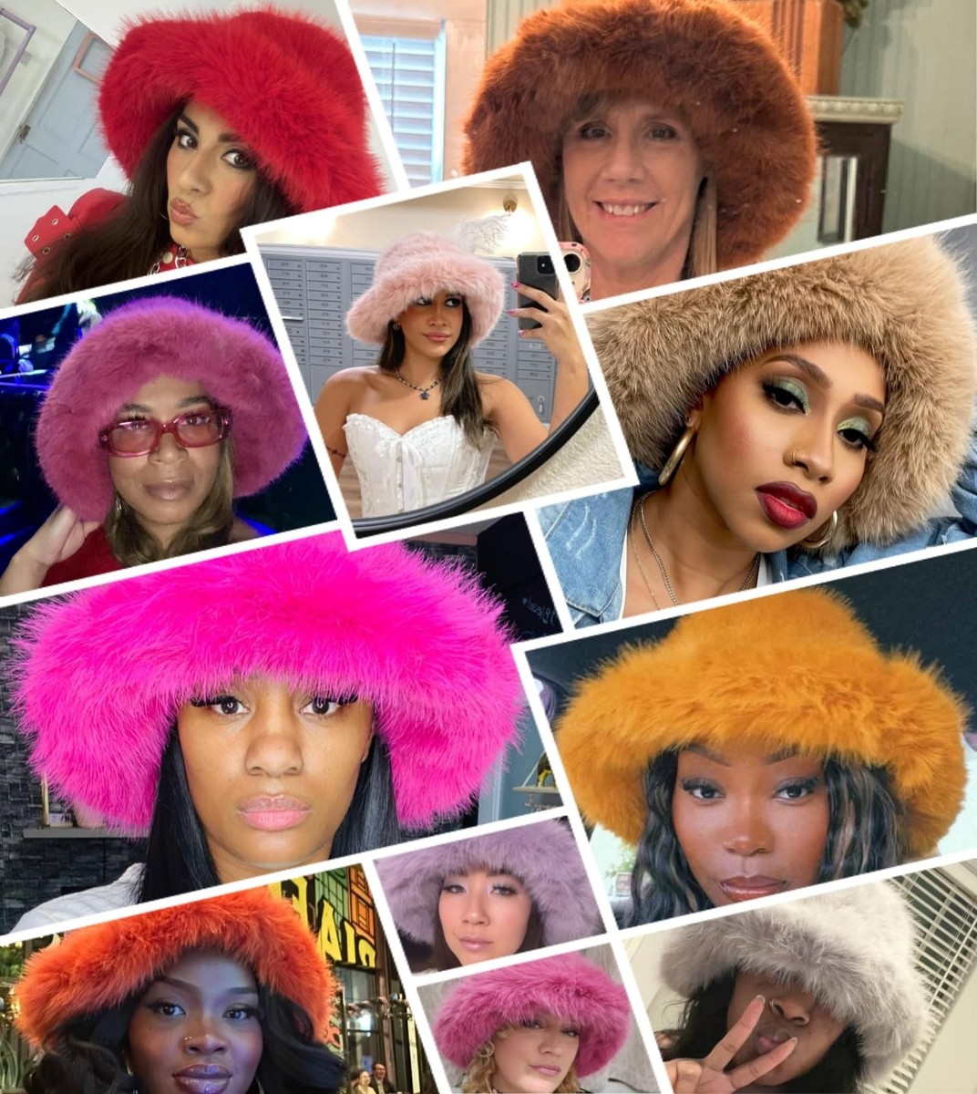 Women\'s Royal Blue Oversized Winter Long Pile Fur Wide Moldable Brim Warmer Cap Big Oversized Fluffy Faux Fur Bucket Hats for Women Luxury  main image 4
