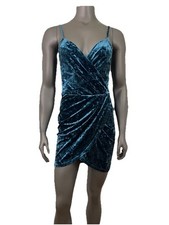 New Look Dress Womens 8 Blue Crushed Velvet Wrap Strappy Occasion Party Cocktail