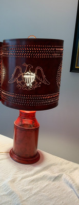 Vintage red milk tin can perforated shades eagle table lamp 30'' tall very rare