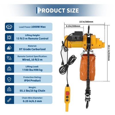 1100Lbs Electric Chain Hoist 15Ft Lift Height Single Phase Overhead Crane Hoist