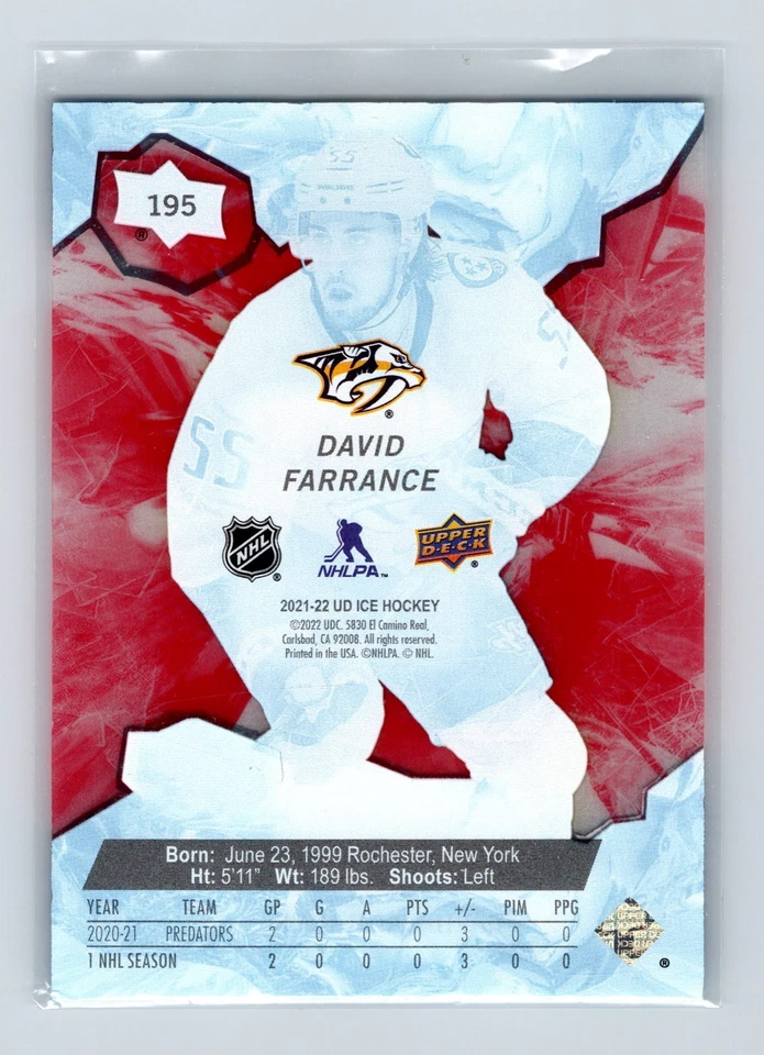2021-22 Upper Deck Ice - Ice Premieres David Farrance #195 /999 (RC) Red Rookie - Image 2 of 2