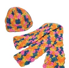 Handmade Crochet Multi Colorful Bright Hat  Scarf For Preschooler/ Young Child