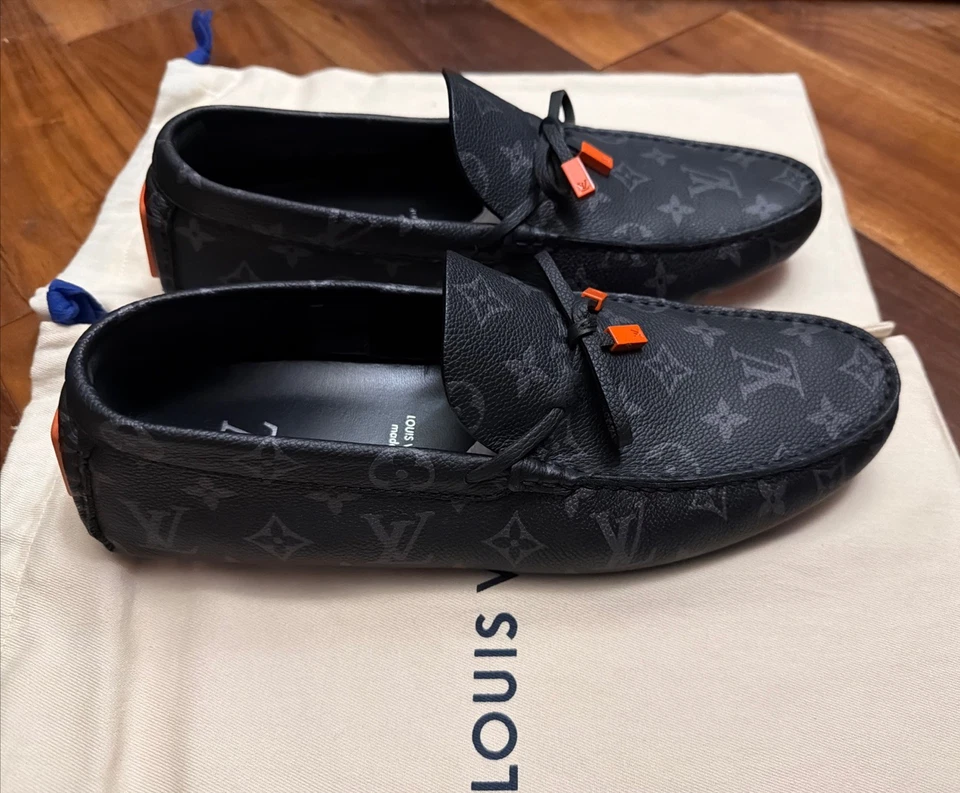 Louis Vuitton Driver Moccasin Men’s LV Size 9 Black with Orange Accent - Image 2 of 4