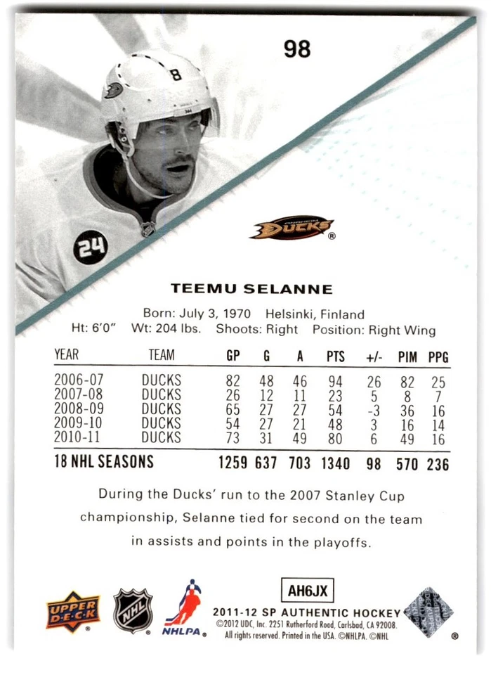 2011-12 SP Authentic Teemu Selanne #98 Anaheim Ducks - Image 2 of 2
