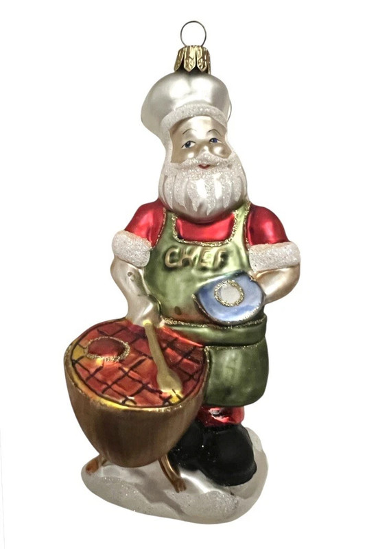 Silverado BBQ Barbecue Santa Chef Glass Christmas Ornament, 6.5”; Made in Poland