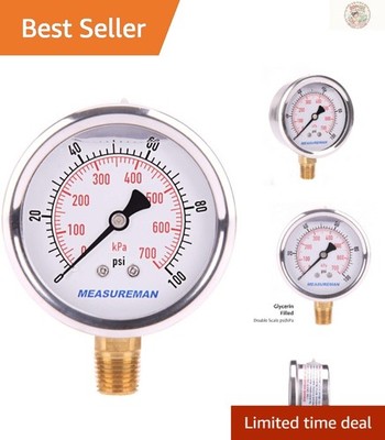 Precision 0-100 psi/kPa Glycerin Filled Pressure Gauge - 304 Stainless Steel