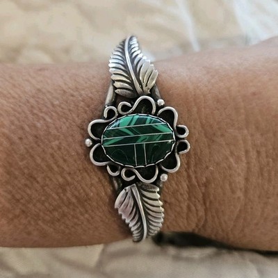 Native American Handmade Silver & Malachite Cuff Bracelet with Leaf Motif