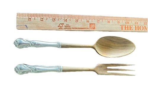 Wooden Salad Serving Fork And Spoon with Sterling Silver Handles