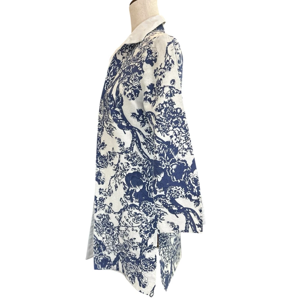 Grace Chuang Art to Wear Floral Open Front Jacket Blazer Blue White XS Pockets - Image 3 of 4