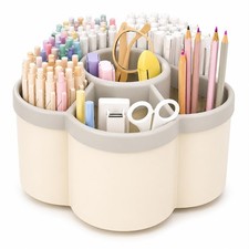 360 Rotating Desk Organizer, Multi-Compartment Pen Holder beige/green