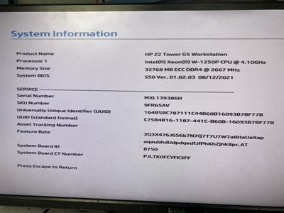 HP Z2 Tower G5 Workstation Xeon W-1250P 4.1GHz 32GB RAM 1TB SSD NO 