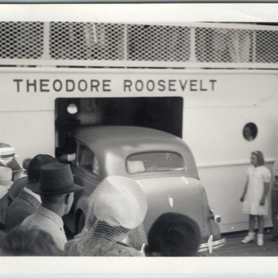 c1940s Theodore Roosevelt Ship Ferry Automobile Snapshot Photo Crowd Dock Car