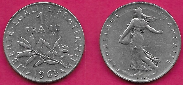 FRANCE 1 FRANC 1965 XF FIFTH REPUBLIC,THE SEED SOWER,DESIGNED BY