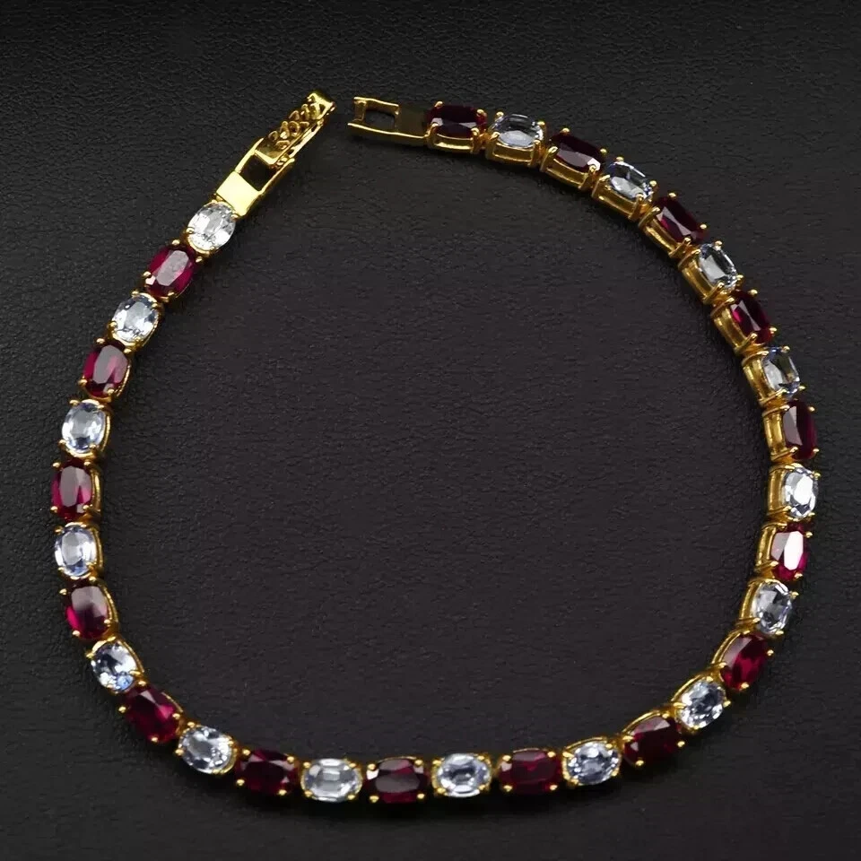 10CT Oval Cut Lab Created Ruby Diamond Tennis Bracelet 14K Yellow Gold Plated 7" - Image 3 of 4