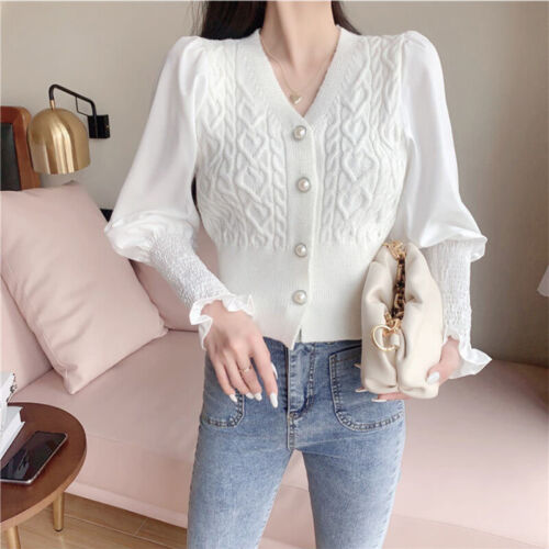 Women Ribbed Knit Cardigan Shirt Crop Top Puff Sleeves Sweater Jumper Korean - Picture 12 of 16