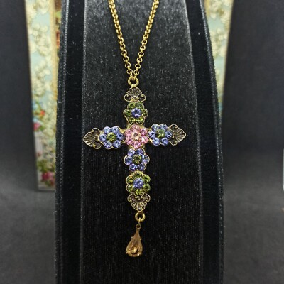 Michal Negrin Cross Necklace Purple Flower Pendant & Swarovski