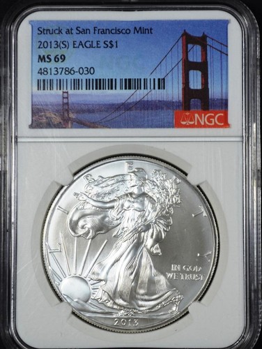 2013-S Silver Eagle $ 1, NGC MS69, Golden Gate Bridge
