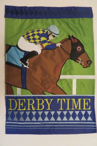 "DERBY TIME" Kentucky Horse Race, Jockey, BLUE & Lime, May, applique Garden Flag