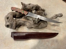 Custom Made 9" Etched Stainless Steel Fillet Knife & leather sheath Wood handle