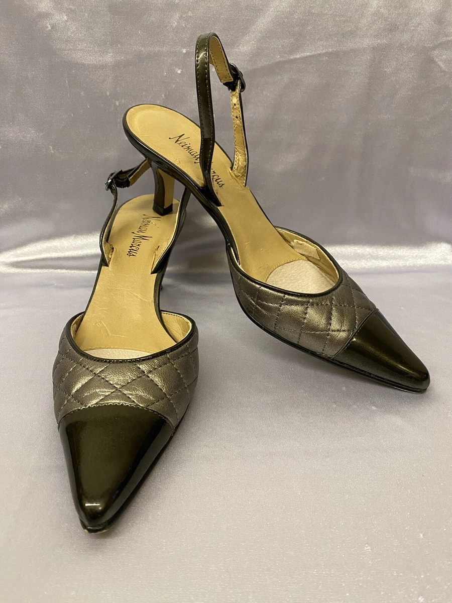 Neiman Marcus Quilted slingback Shoes Sz 6 Olive Green Silver