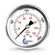 2-1/2" Pressure Gauge, Stainless Steel Case, Liquid Filled, Back Mnt 2000 PSI