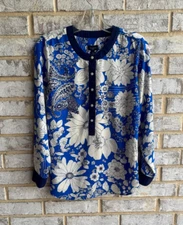 Talbots Long Sleeve Band Collar Floral Paisley Blouse Women's Size M petite
