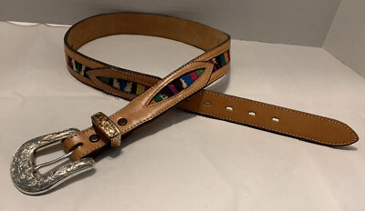 Nocona Leather Belt w/ Fabric Inlay Western Sz 30 Small  display picture 1