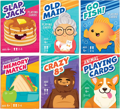 Card Games for Kids, 6 Decks, Go Fish, Old Maid, Crazy Eights, Memory Match, Sla