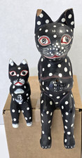 Vtg Wooden Polka Dotted Cat Shelf Sitters Folk Art Style INDONESIA Set of 2