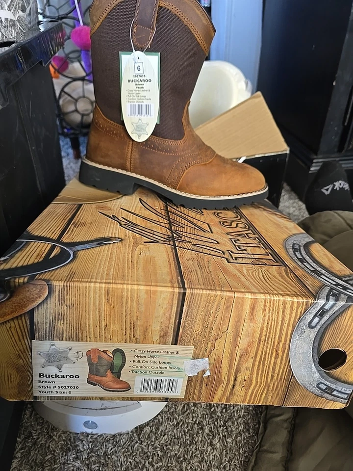 Botas de Vaquero Itasca Youth 6 Buckaroo Western Cuero Marrón, Media Pantorrilla Foto 2 de 2