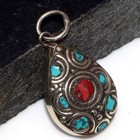 Nepali Tribal Tibetan Turquoise Red Coral Pendant Jewelry Size 1.3" GW
